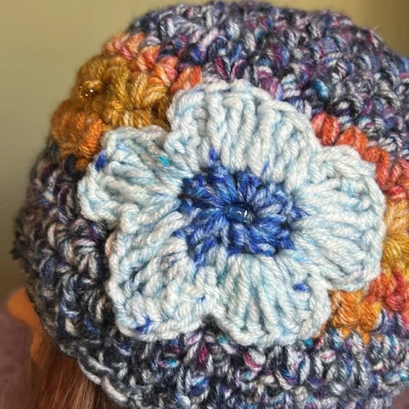 Colorful Knit Beanie with Blue Flower Accent medium soft acrylic yarn new - Picture 2 of 10